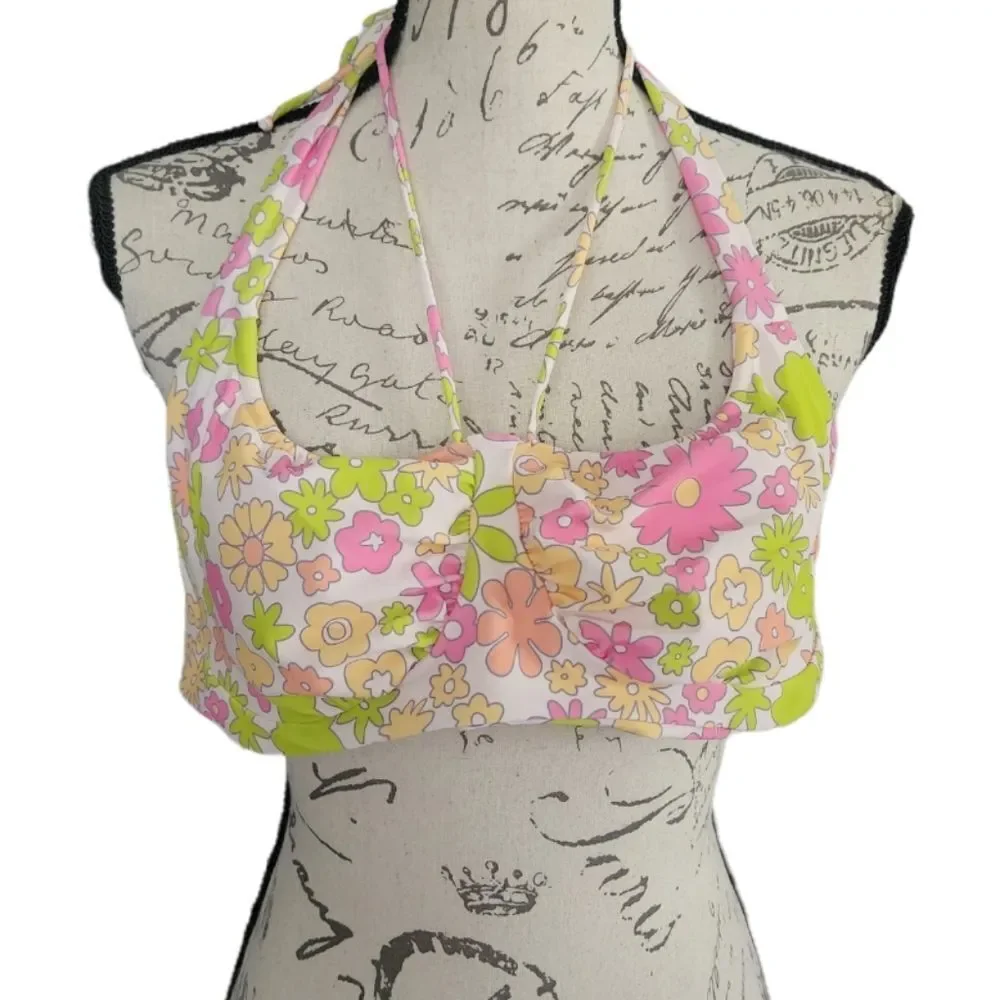 Ladies Size XL Pink Green Yellow Groovy Flowers Bikini Top